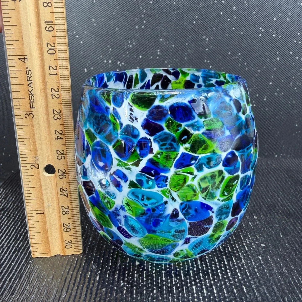 Hand Blown USA Glass Votive Holder Blue Green Purple Confetti Mosaic Cup Glass